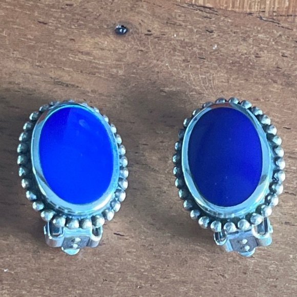 Vintage 925 Sterling Silver Blue Lapis Clip-on Earrings 10g - .75”L x .5W - Picture 6 of 13